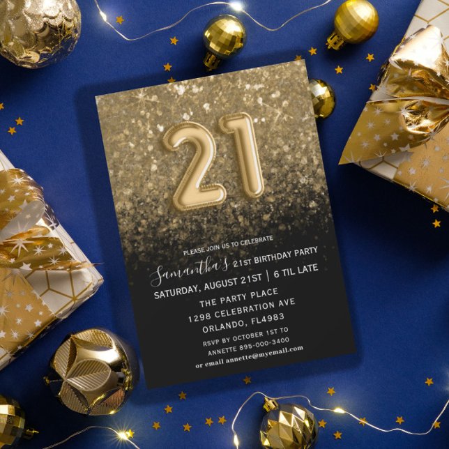 Elegant 21:a födelsedag Svarta och Guld Glitter Inbjudningar (Skapare uppladdad)