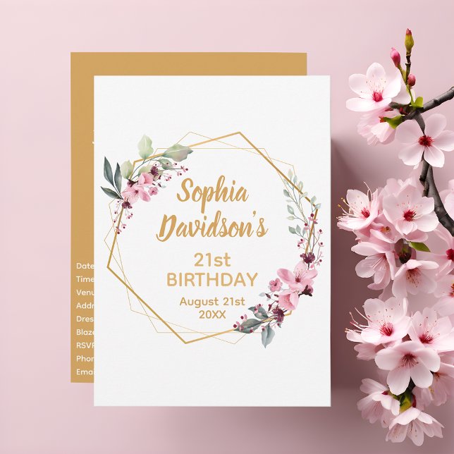 Elegant 21:a födelsedagsinbjudan | Sakura och Guld Inbjudningar (21st birthday party invitation.)