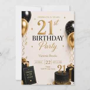 Elegant 21-års svart & guld födelsedagsfest inbjudningar