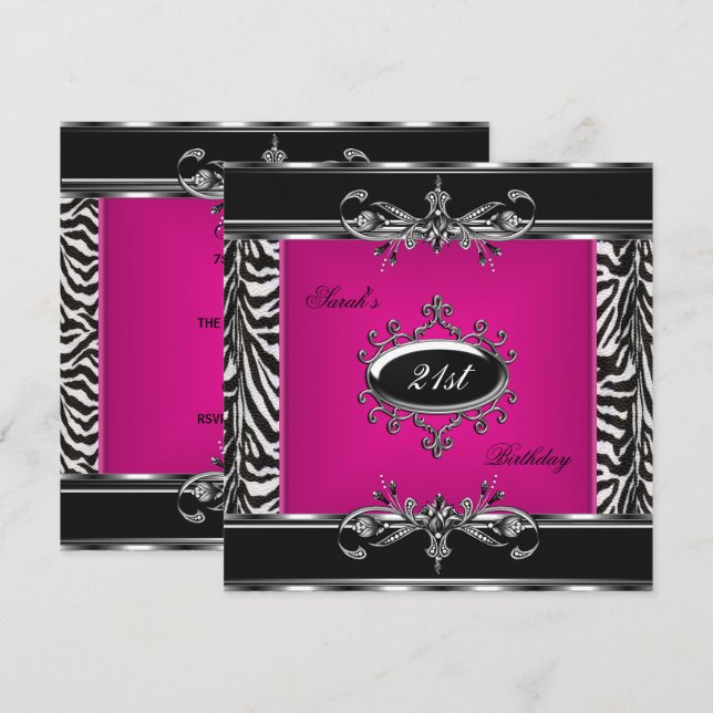 Elegant 21-årsdag Rosa Zebra Svart Silver Inbjudningar (Fram/baksida)