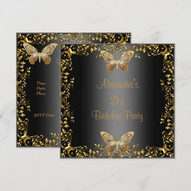 Elegant 21-årsdag Svart Guld Fjäril Inbjudningar (Fram/baksida)
