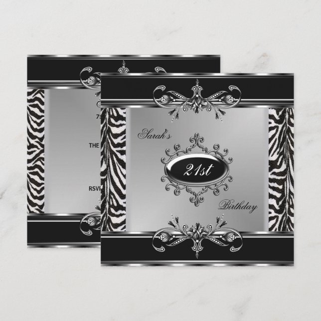 Elegant 21-årsdag Zebra Svart Vit Silver Inbjudningar (Fram/baksida)