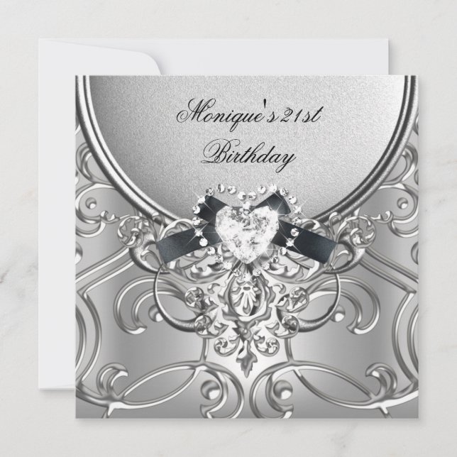Elegant 21-årsfest Silver Svart Diamant Inbjudningar (Framsida)
