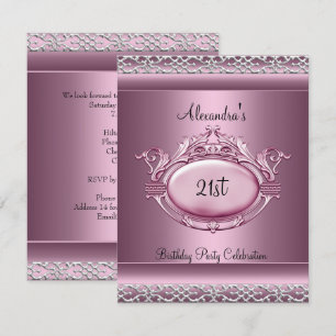 Elegant 21-årsfirande Satin Rosa Silverkant Inbjudningar