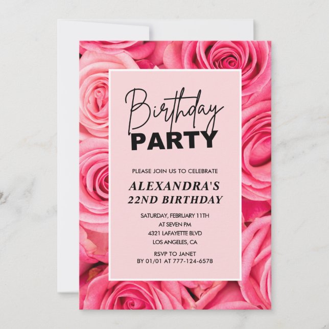 Elegant 22-års födelsedag Blommande Rosa Rosor Inbjudningar (Framsida)