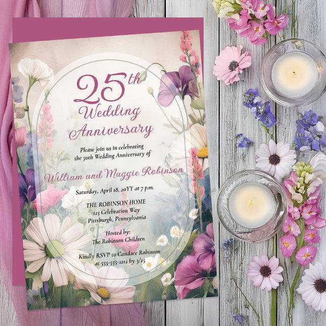 Elegant 25-års bröllopsjubileum Party Blommor Inbjudningar (Elegant 25th Wedding Anniversary Invitation with Soft Spring Florals and Arch Frame -Print | Digital)