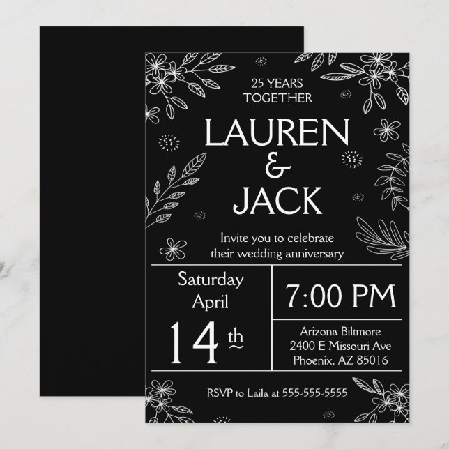 Elegant 25-års silverjubileums inbjudan (Fram/baksida)