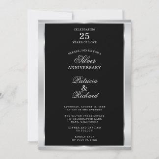 Elegant 25-årsjubileum för bröllop svart och silve inbjudningar