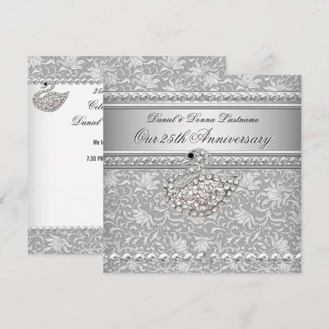 Elegant 25-årsjubileum Silver Damask Svan 2 Inbjudningar (Fram/baksida)