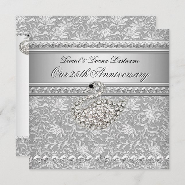 Elegant 25-årsjubileum Silver Damask Svane 2 Inbjudningar (Fram/baksida)