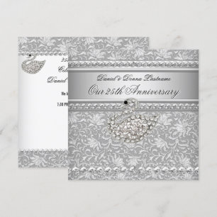 Elegant 25-årsjubileum Silver Damast Svan 2 Inbjudningar