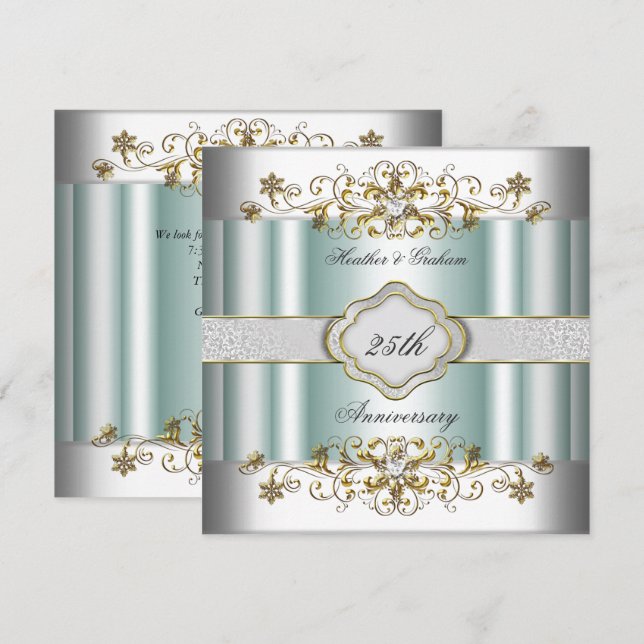 Elegant 25-årsjubileum Silver Teal Blå Mint Inbjudningar (Fram/baksida)