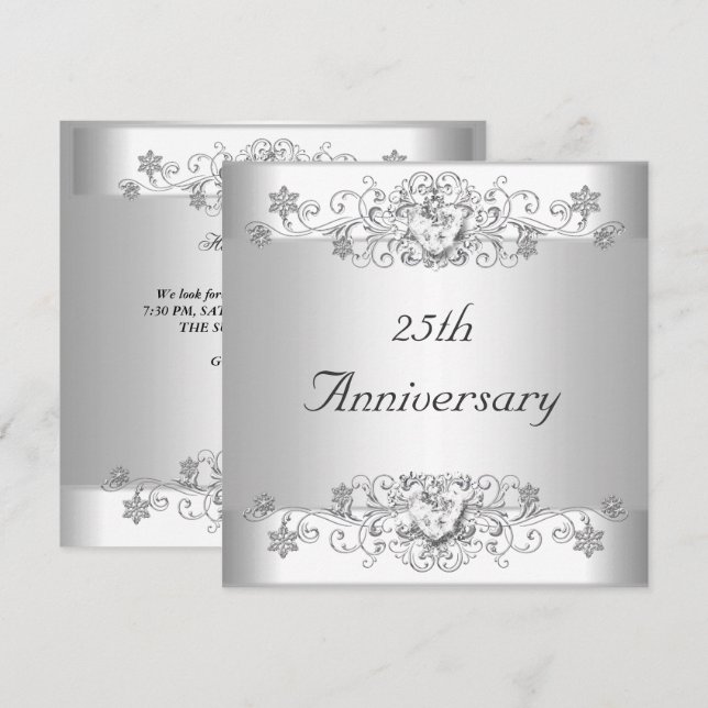 Elegant 25-årsjubileum Silver Vitt Diamant Inbjudningar (Fram/baksida)