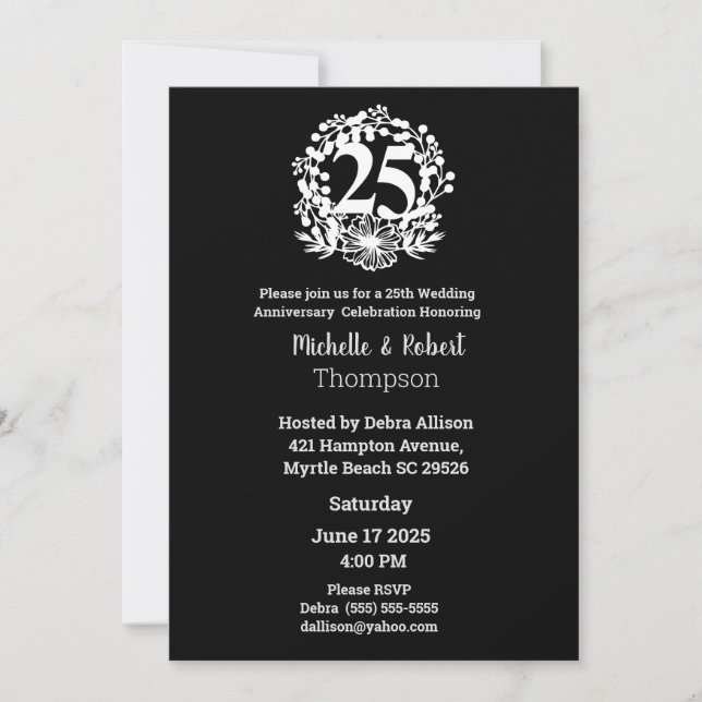 Elegant 25-årsjubileum svart vitt  inbjudningar (Framsida)