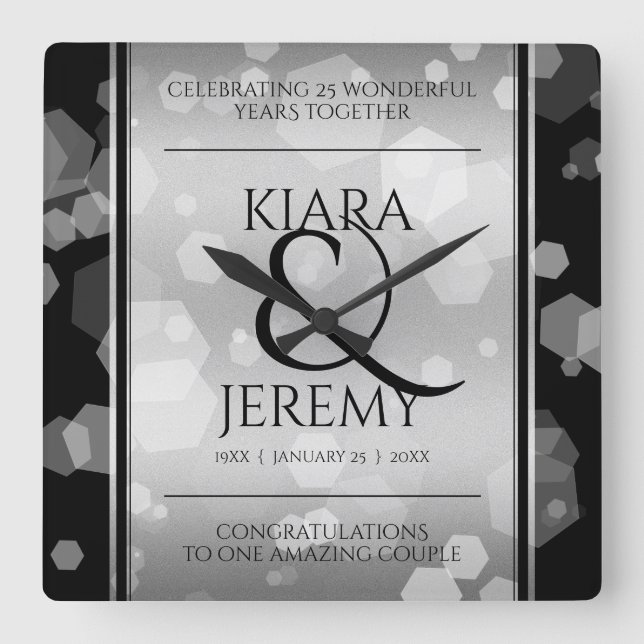 Elegant 25:e årsdagen Silver Bröllop Fyrkantig Klocka (Framsida)