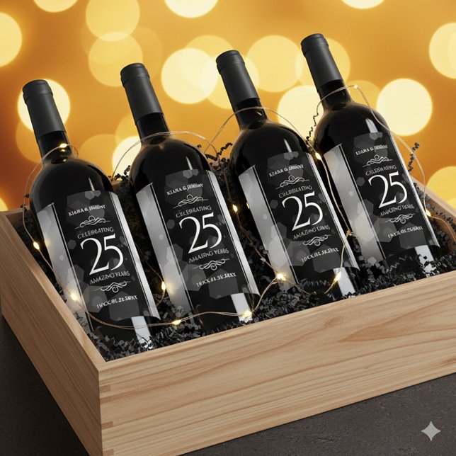 Elegant 25:e årsdagen Silver Bröllop Vinflaska Etikett (25th Silver Wedding Anniversary Wine/Liquor Drink Label Cover Photo)