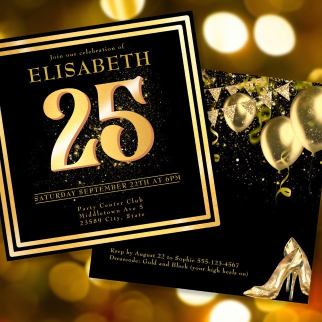 Elegant 25:e Guld-inbjudan till svart födelsedag Inbjudningar (Elegant 25th Gold Black Birthday Invitation.)
