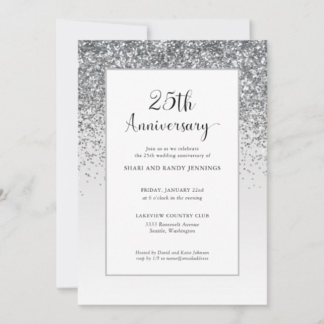 Elegant 25:e Silver Glitter Bröllopsjubileum Inbjudningar (Framsida)