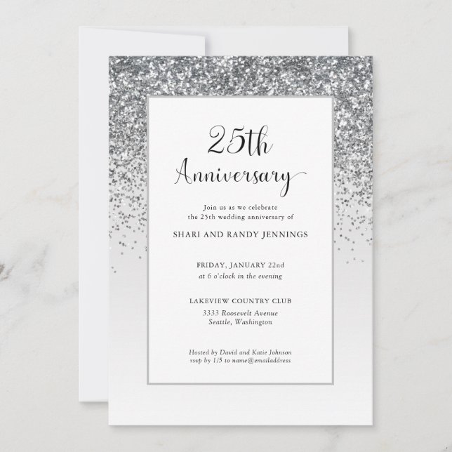 Elegant 25:e Silverglitter Bröllopsjubileum Inbjudningar (Framsida)