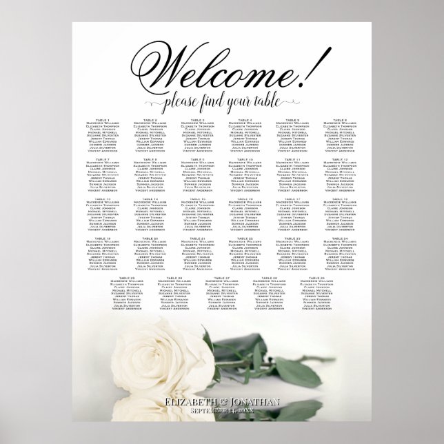 Elegant 29 Tabell Vit Ros Bröllops Sittplatskarta Poster (Framsidan)