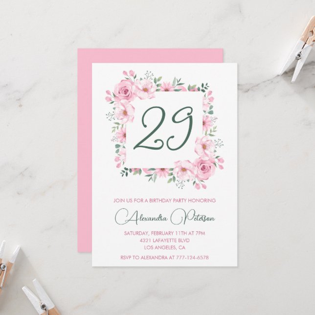 Elegant 29th birthday invitations Floral Pink  Inbjudningar (Fram/Back In Situ)