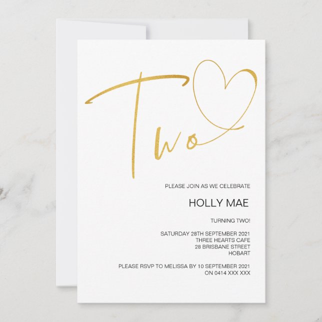 Elegant 2:a födelsedagsinbjudan Två hjärta Guld Inbjudningar (Framsida)