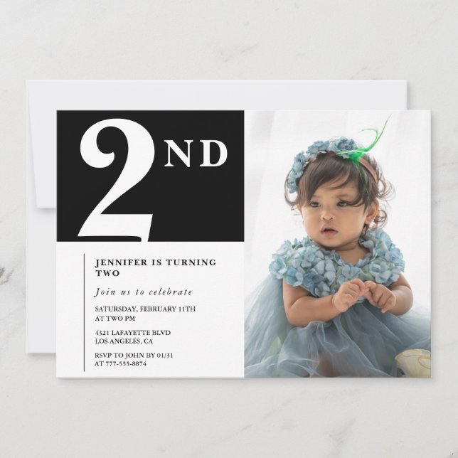 Elegant 2-års inbjudan Svart Chic Foto (Framsida)