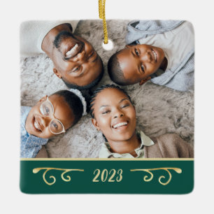 Elegant 2 Foto 2-sidig familjefoto Guld Emerald Julgransprydnad Keramik