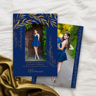 Elegant 2 Foto Royal Blue och Guld Löv Tack Kort