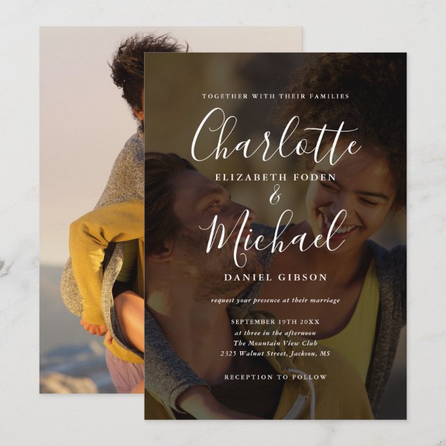 Elegant 2 Foto Signatur Skript Bröllop Inbjudningar (Fram/baksida)