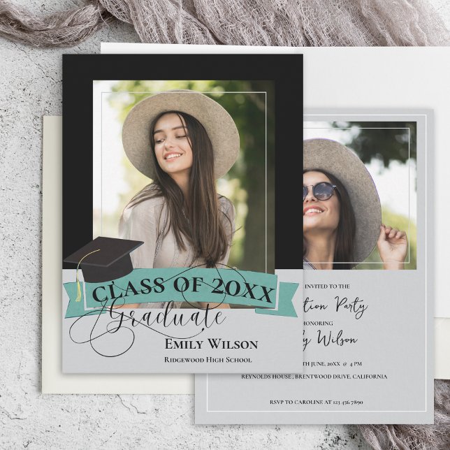 Elegant 2 Photo 2025-Studentfestens inbjudan (Elegant Two Photo 2025 Graduation Party Invitation Postcard)