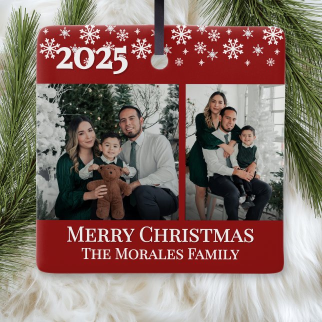Elegant 2 Photo Red Keepsake Family Photo Julgransprydnad Keramik (red elegant custom name keepsake christmas ornament with 2 photos for family friends gifts)