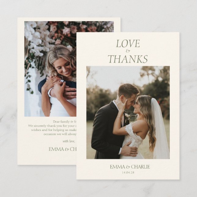 Elegant 2 Photo Thank you Wedding card Tack Kort (Fram/baksida)