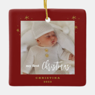 Elegant 2-sidig Första julen Babys Foto Julgransprydnad Keramik
