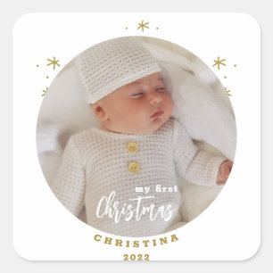 Elegant 2-sidig Min Första Jul Babys Foto Fyrkantigt Klistermärke