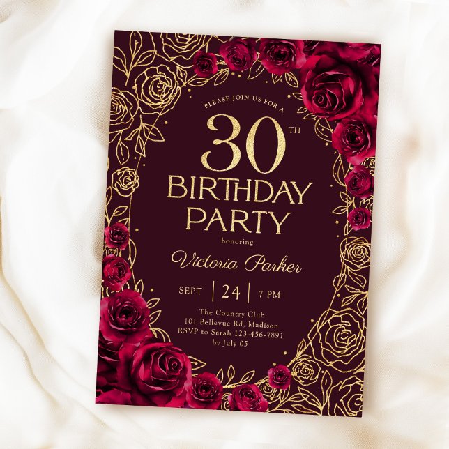 Elegant 30-års födelsedags burgunder & guldblommor inbjudningar (Skapare uppladdad)