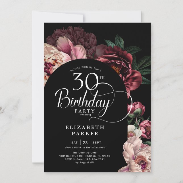 Elegant 30-års födelsedags burgunderrosa peonior inbjudningar (Framsida)