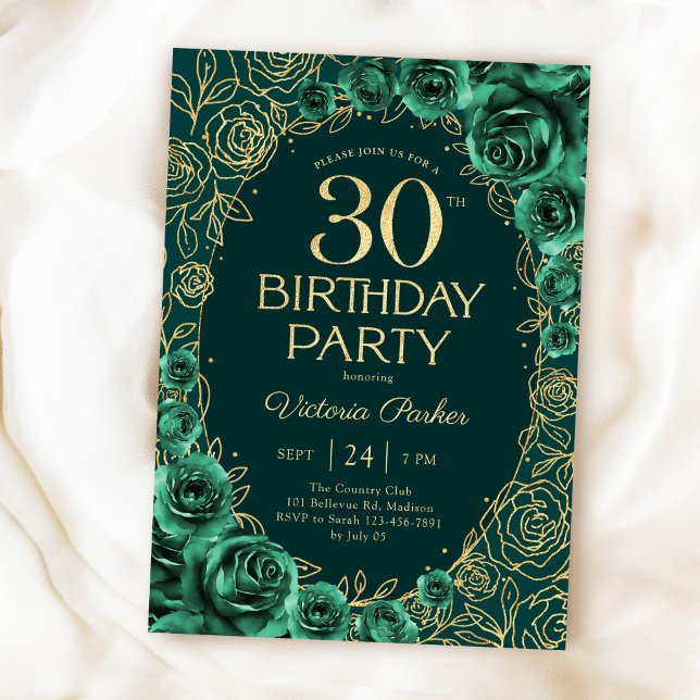 Elegant 30-årsdag Smaragdgrön Guld Blommig Inbjudningar (Skapare uppladdad)
