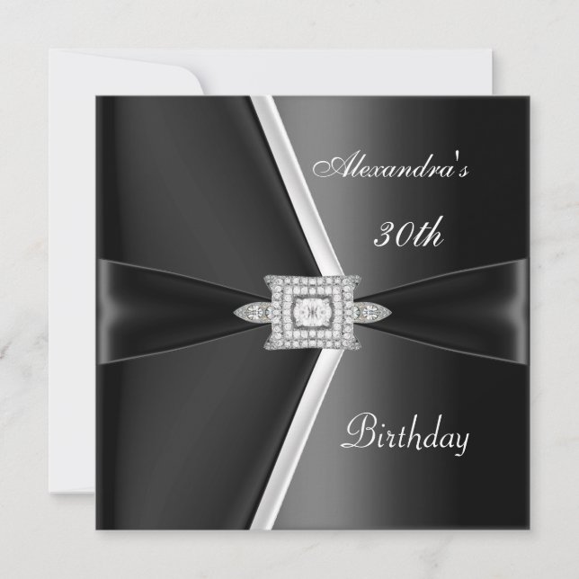 Elegant 30-årsdag Svart Vit Diamant Inbjudningar (Framsida)