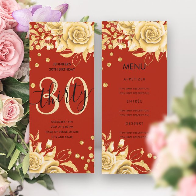Elegant 30 Birthday Menu Guld Red Blommigt Glitter Inbjudningar (Elegant 30 Birthday Menu Gold Red Floral Glitter Invitation)