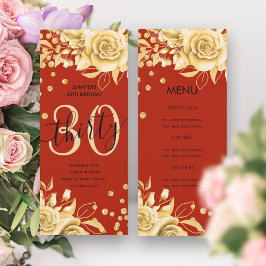 Elegant 30 Birthday Menu Guld Red Blommigt Glitter Inbjudningar