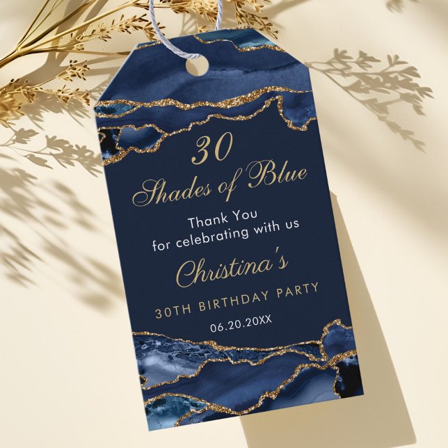 Elegant 30 Shades of Blue Birthday Party  Presentetikett (Navy Blue and Gold Shades of Blue Thank you gift tag)