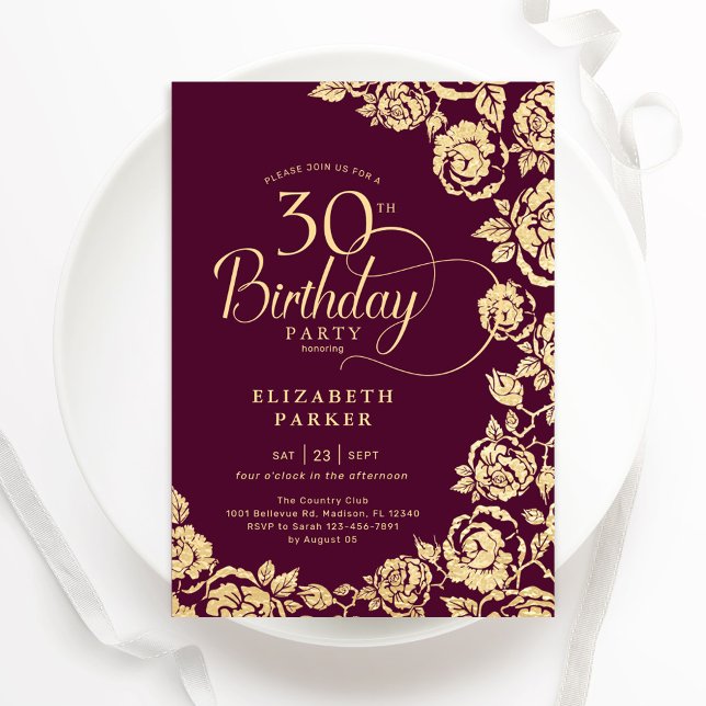 Elegant 30års födelsedag Burgundy Guld Ro Inbjudningar (Skapare uppladdad)