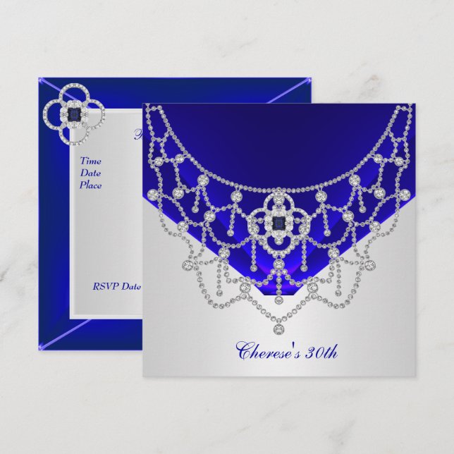 Elegant 30års födelsedag Rik Royal Blue Silver Whi Inbjudningar (Fram/baksida)