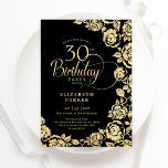 Elegant 30års födelsedag Svarta Guld Ro Inbjudningar<br><div class="desc">Svarte guld blommigt 30års födelsedag bjudande. Elegantens utformning med ro,  faux guld-folie och typsnitt för typsnitt. Trendig inbjudan-kortets perfekt för en snyggt kvinnlig dag firande. Kan anpassas till vilken ålder som helst. Anpassa med dina egna detaljer. Skrivna Zazzle-inbjudningar eller digital utskrivbar mall för omedelbar nedladdning.</div>
