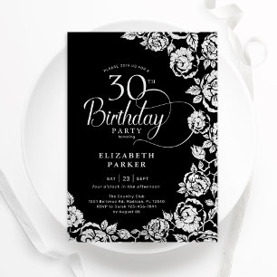 Elegant 30års födelsedag Svarta Silver Ro Inbjudningar