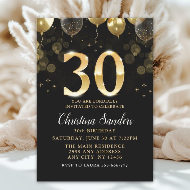 Elegant 30th Birthday Invitation with Gold Ballons Inbjudningar (Skapare uppladdad)