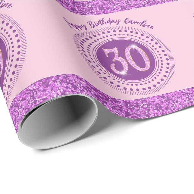 Elegant 30th Birthday Pink Glitter with Stripes Presentpapper (Rullad Hörn)