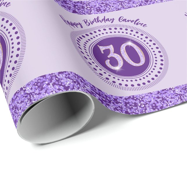 Elegant 30th Birthday Purple Glitter with Stripes Presentpapper (Rullad Hörn)