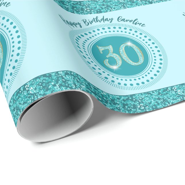 Elegant 30th Birthday Teal Blue Glitter & Stripes Presentpapper (Rullad Hörn)